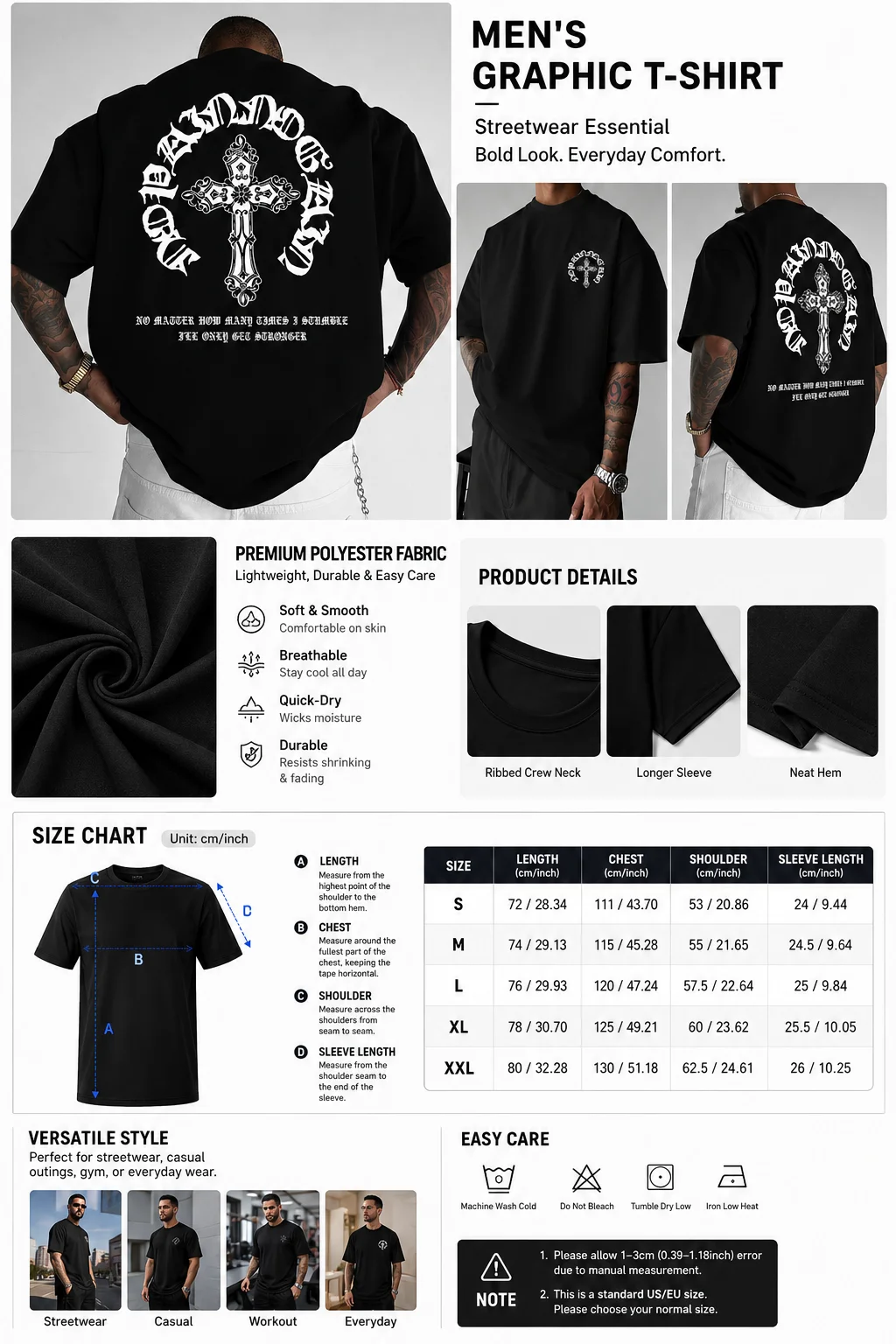 Herren Oversized T-Shirt mit überschnittenen Schultern, Vintage Gothic Kreuz Grafikdruck, lässiges Kurzarm-Shirt, S-XXL – Detail 2