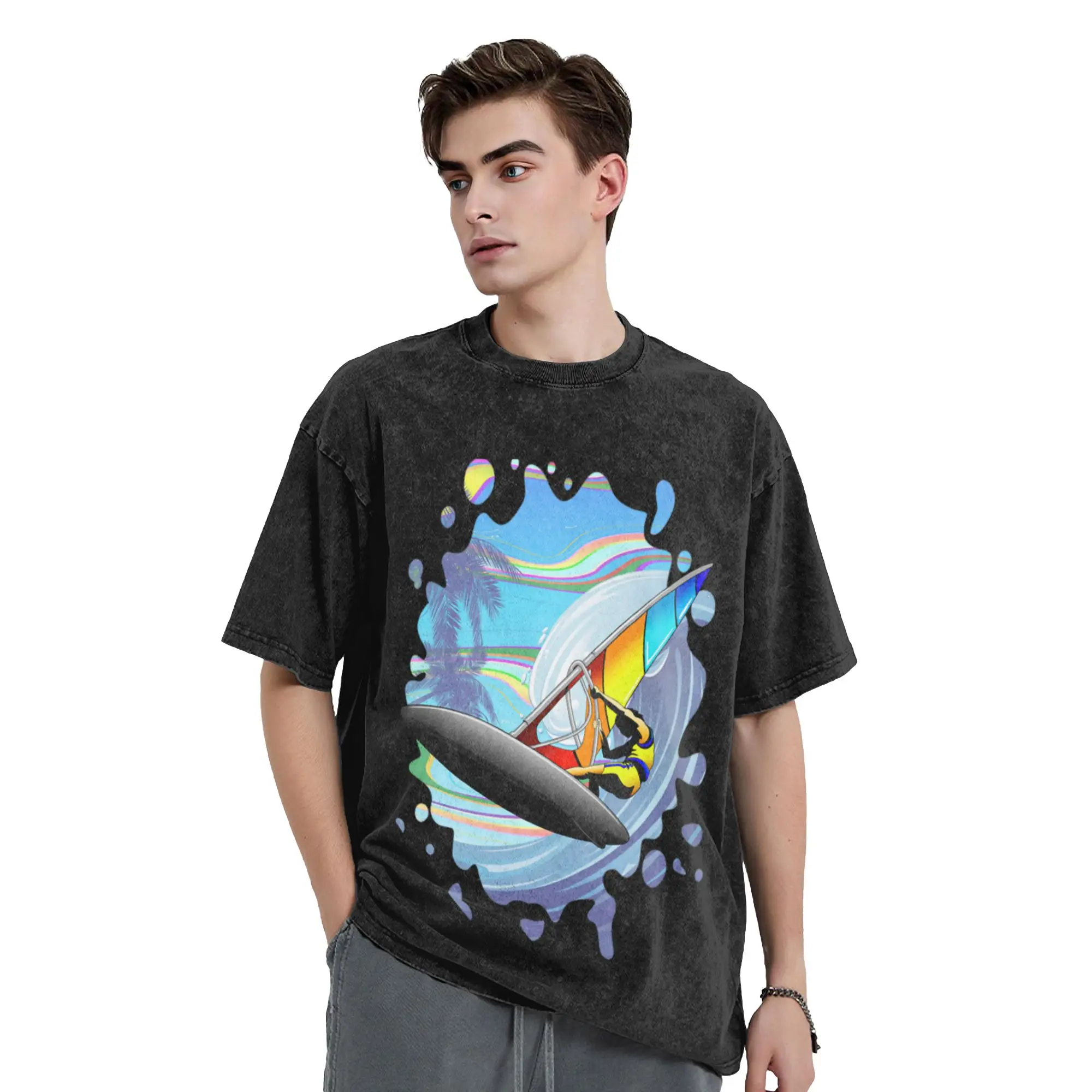 Windsurfer on Ocean Waves Classic Trendy A Washed T Shirt Men's Women's Oversized Cotton Tees Tops
