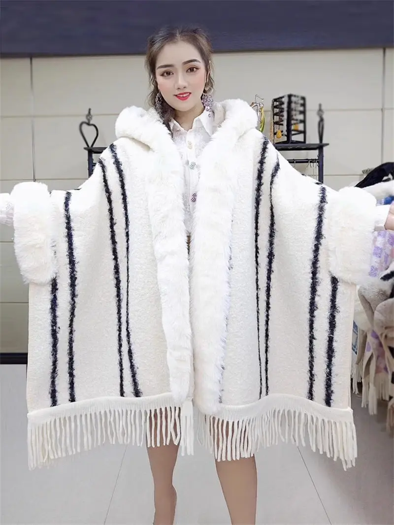 

Vintage Woolen Coat Women Oversized Hooded Plush Thickened Mid Length Cape Shawl Tassel Striped Cape Winter Cloak Jacket z3137