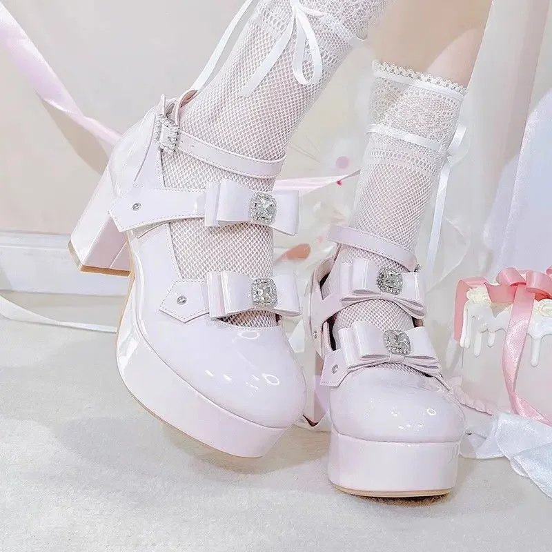 Transfer Student Shoes Tea Party รองเท้าส้นสูง Mary's' รองเท้าส้นสูง Mine Series Cos Lolita ส้นหนารองเท้าส้นสูงโบว์คู่