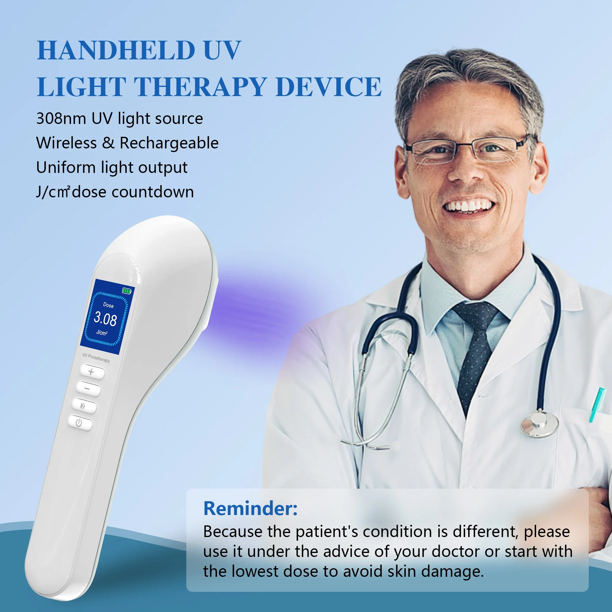 308nm Household Ultraviolet Phototherapy Instrument, Vitiligo Treatment, UVB Lamp Laser for Therapy, Psoriasis, Skin Disease