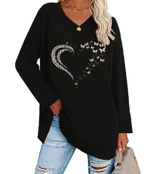 

2025 Unique Casual Love Printed Long Sleeve Loose T-Shirt for Women Wear 2025 Autumn New Style Women's Fashion Pullover Top