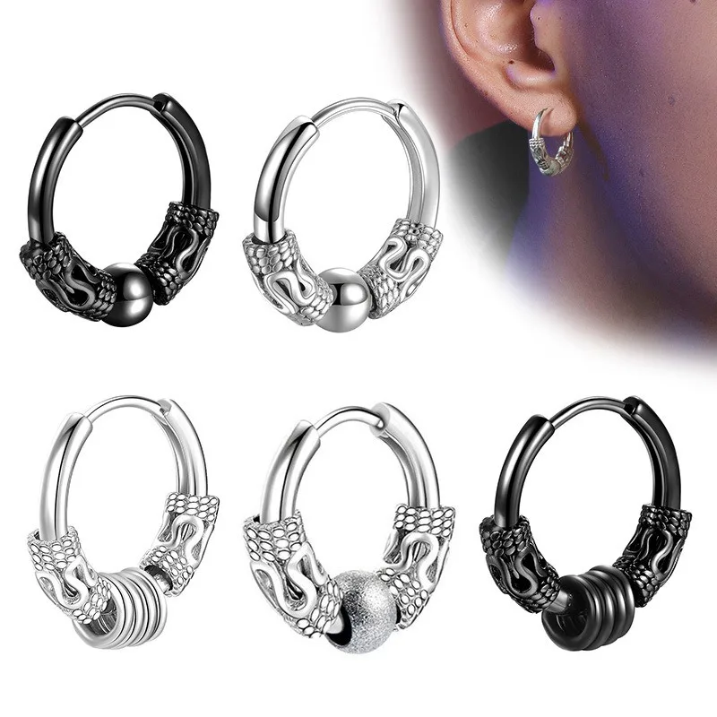 2pcs Punk Stainless Steel Round Circle Totem Hoop Earrings For Men Women, Not Fade Ear Rings Hip Hop Male Ear Piercing Jewelry