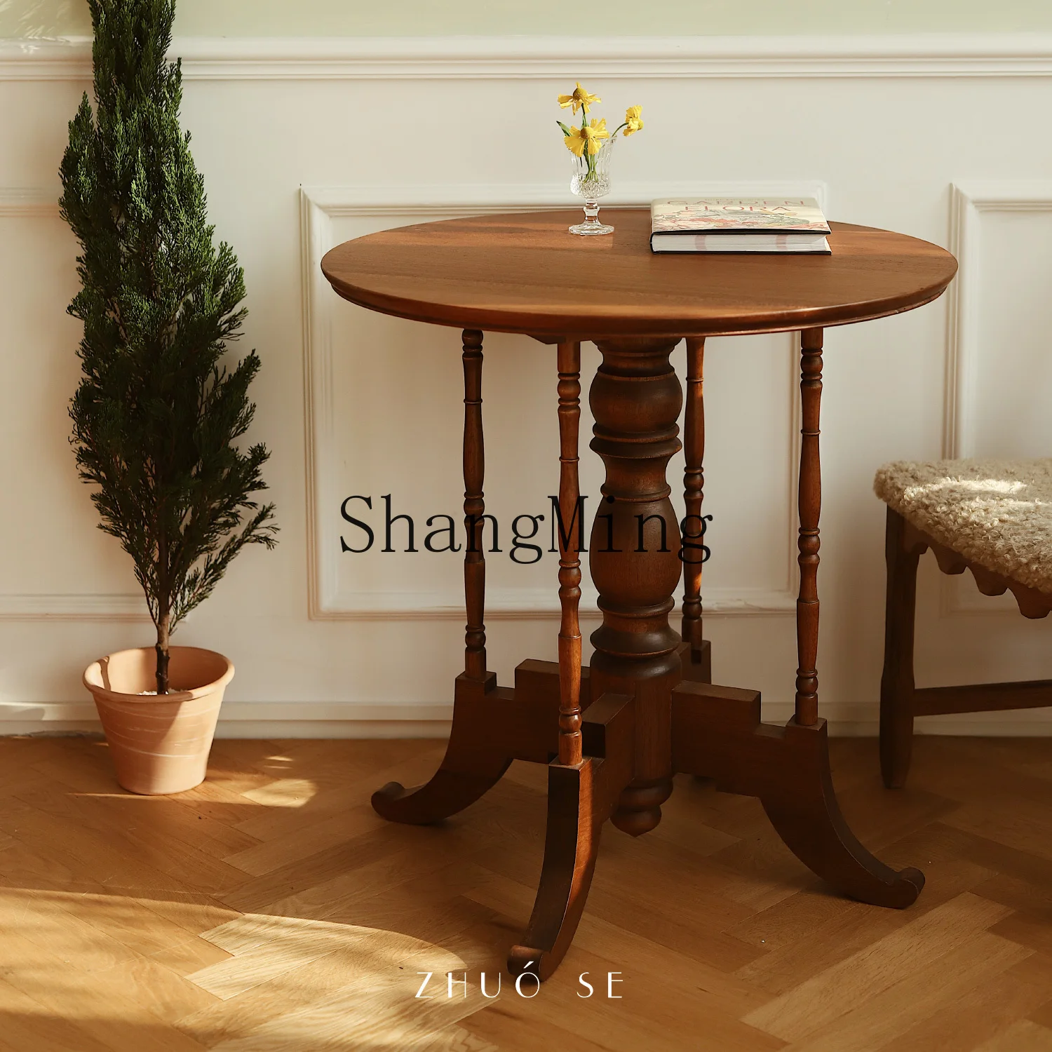 

SM household exquisite medieval style solid wood dining round table household entrance entrance table retro round old teak