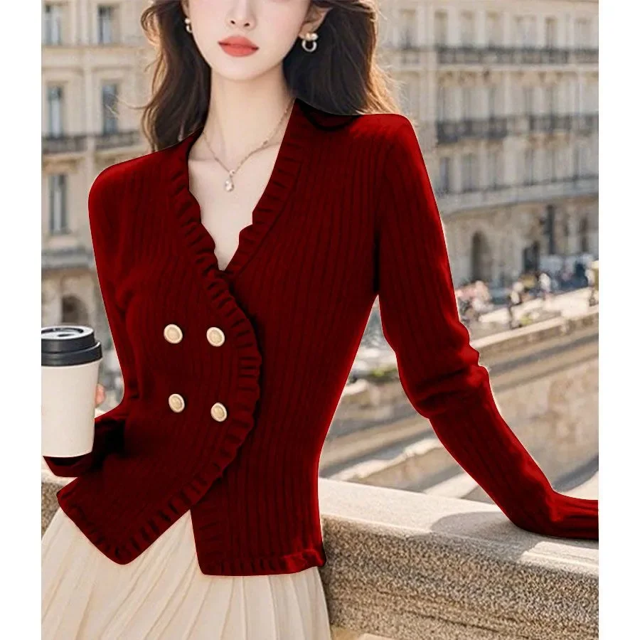 

Autumn Winter Temperament Buttons Solid Color Knitting Sweater Women Clothing Simplicity Elegant Ruffles Slim V-neck Top Tee