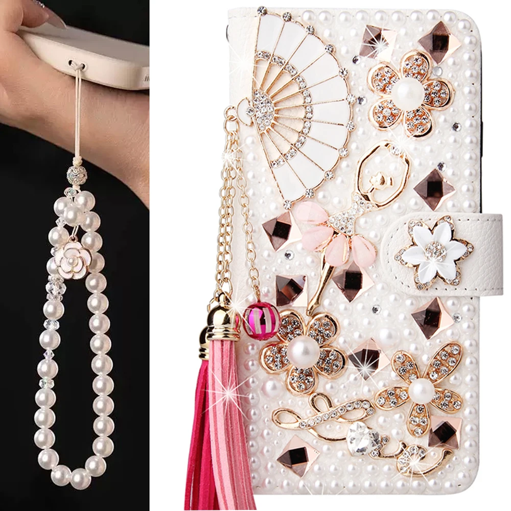 Pearl Lanyard Leather Case for Samsung Galaxy S23 S22 S21 S20 FE S10 S24 Plus Note 20 Ultra 10 Red Lips Flip Wallet Card Cover