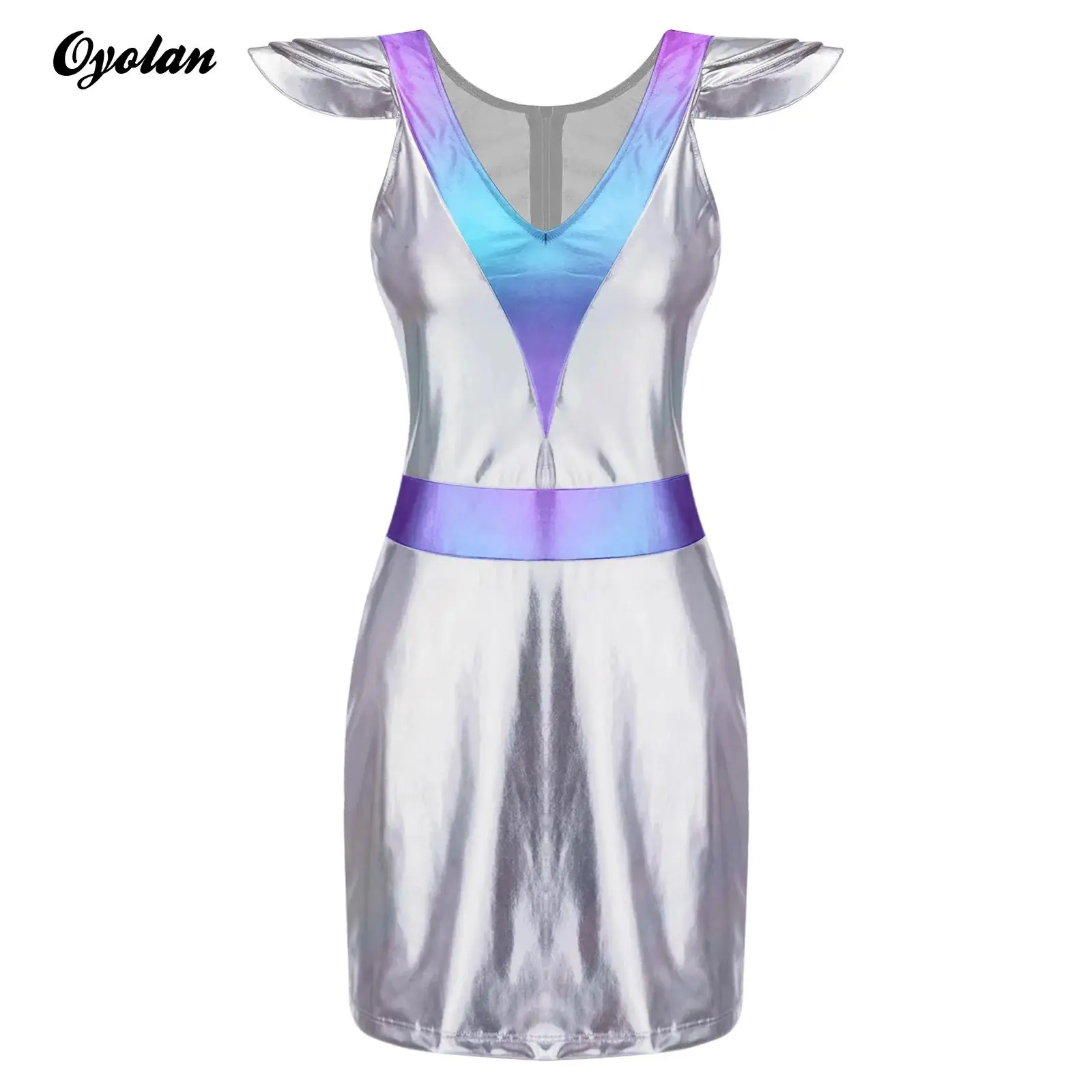 

Взрослые женские металлические глянцевые платья для косплея робота, костюм для косплея с изображением инопланетянина, тематическая вечеринка, наряды для выступлений на Хэллоуин