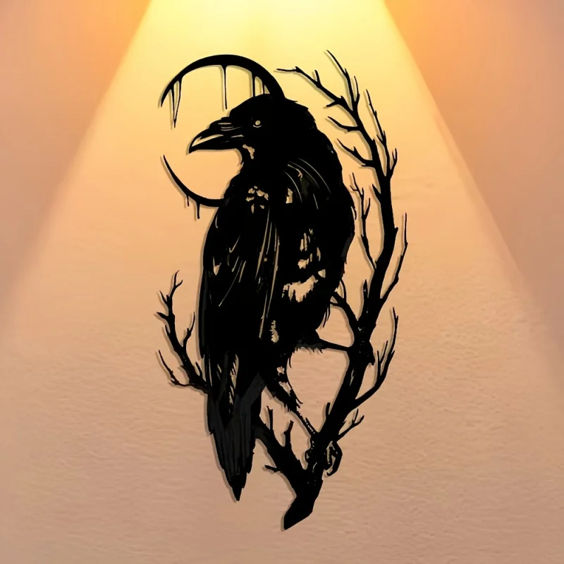Branch and Crow Metal Sign，Halloween Abstract Art Christmas Elegant Design，Wall Artwork ，Crafted Signage Wall Decor