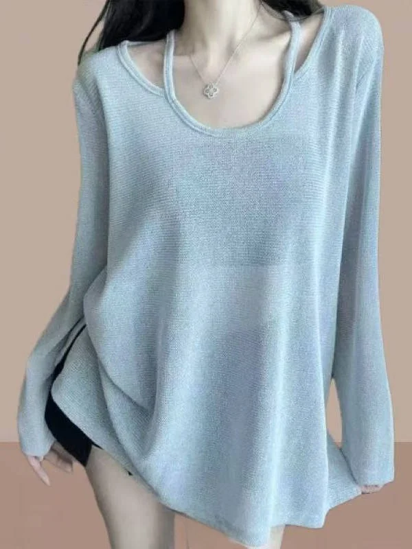 Trendy oulder-baring Lazy Sle Women's Long Sve Sun Protection irt Loose Fit Commute Sle round Ne Regular Length