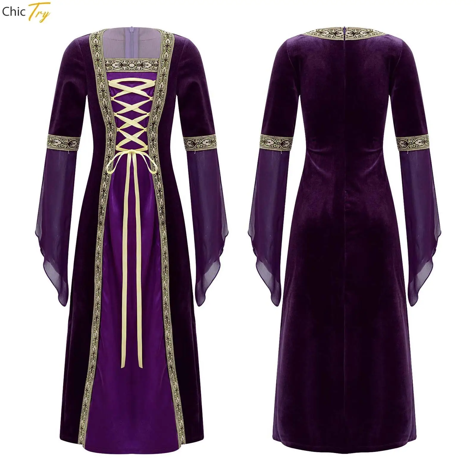 

Girls Renaissance Queen Costume Halloween Medieval Princess Bell Sleeve Velvet Vintage Maxi Dress Fancy Carnival Party Dresses