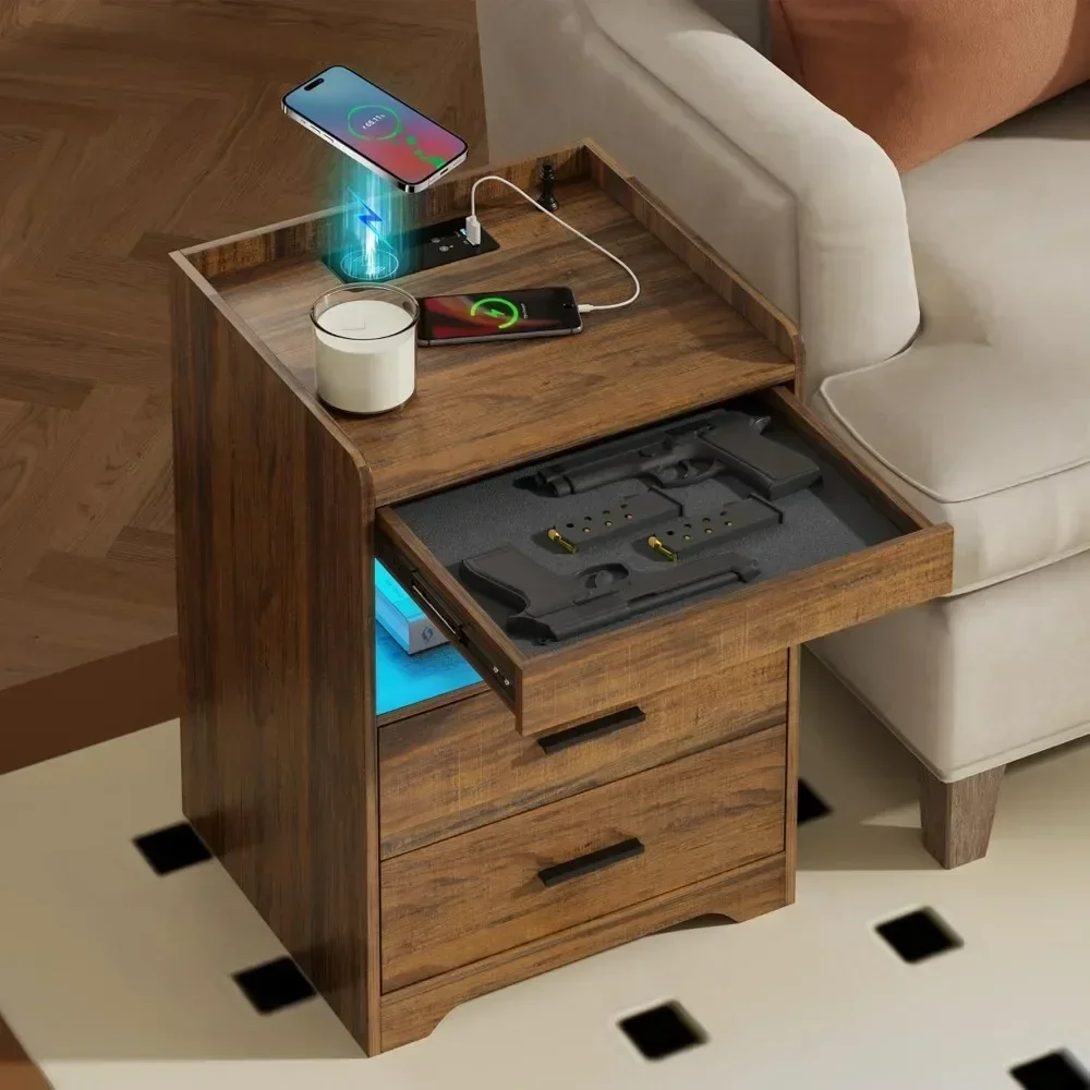 Nightstand with Lockable Gun Drawer, Night Stand with Charging Station, USB & Type-C Port, Modern Bedside Table with RGBLight