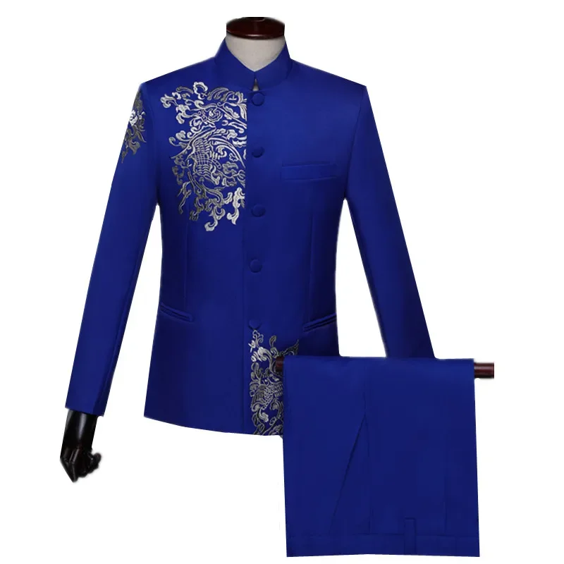 (Jacket + Trouser) Fashion Men Wedding Embroidered Suit Royal Blue / Red / White Singer Stage Performance Dress Blazers and Pant