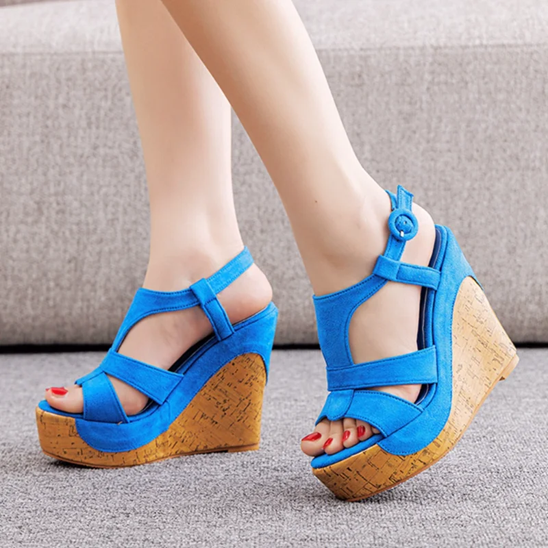 Platform Summer Shoes for Women Sandals Flock 12CM Wedges Buckle Strap Platform Dress Women\'s Shoes White Dancing Shoes