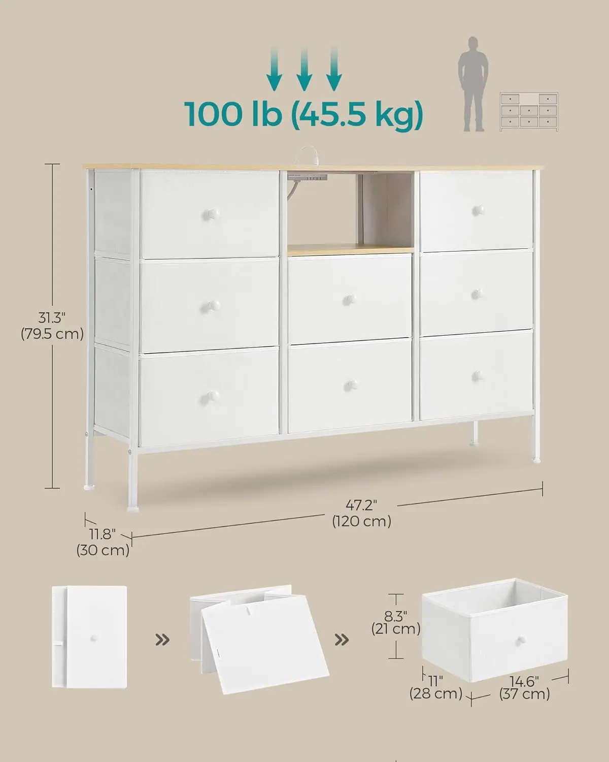 SONGMICS Dresser with Power Outlets and LED Lights, Fabric Chest of Drawers, 25 Colors, 8 Drawers, TV Stand for up to 60 Inch TV