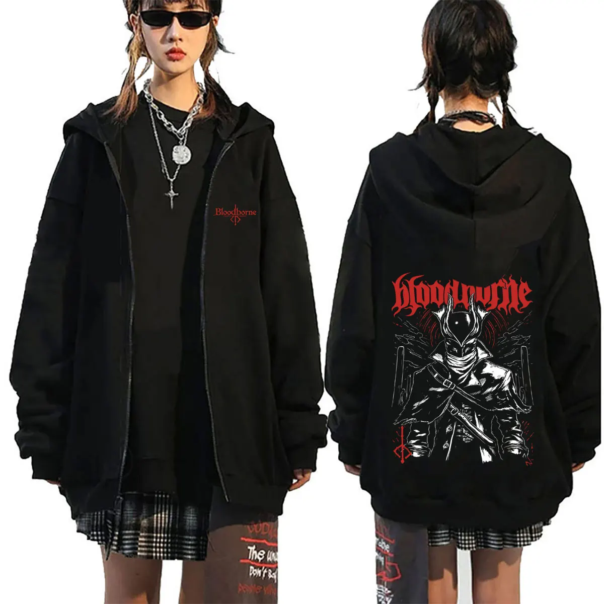 

Game Bloodborne Zipper Hoodie Men Women Vintage Gothic Rock Zip Up Jacket Coat Unisex Casual Vintage Oversized Zip Up Sweatshirt