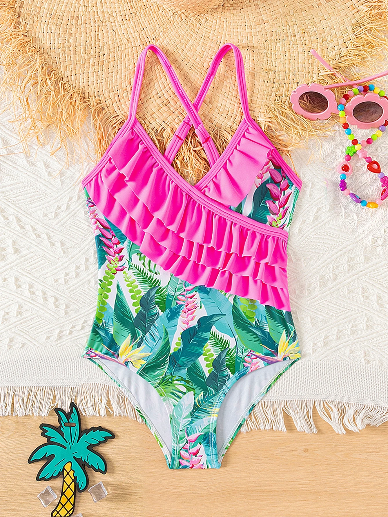 Girls Kids Teen Flamingo Graphic 3 Layer Ruffle One Piece Swimsuit Summer Surf Child Girls Swimwear Beach Clothes Bathing Suit