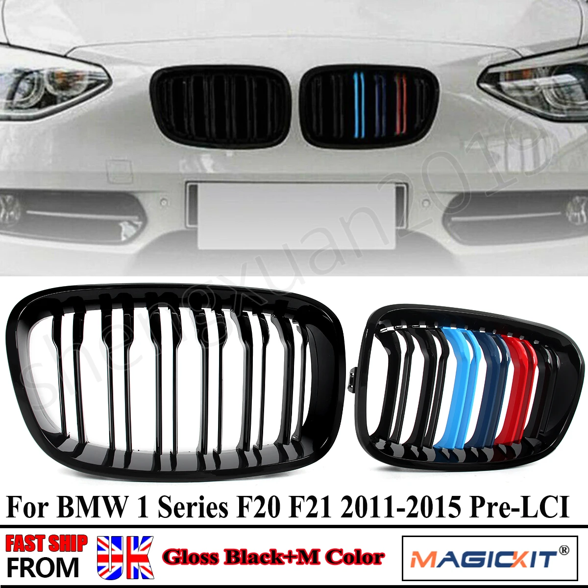 

Shiny Black M Color Dual Slat Front Kidney Grilles For BMW F20 F21 11-14 Pre-LCI