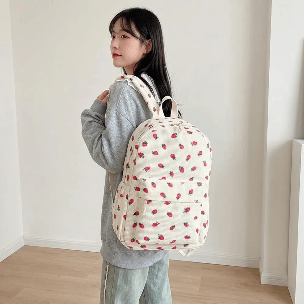 Strawberry Corduroy Backpack Solid Color Lightweight Students School Bag Large Capacity Portable Students Daypack Work