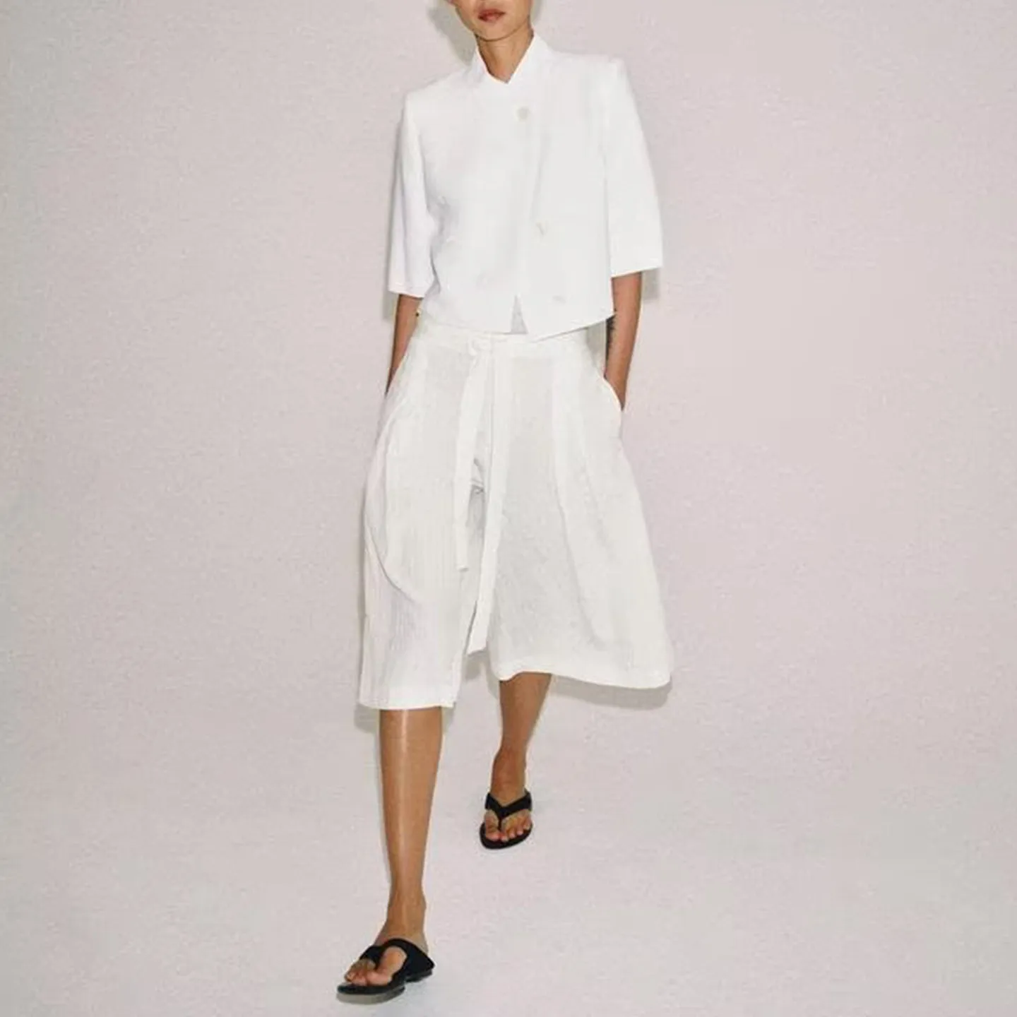 Women's Fashion Short Sleeve Long Sleeve Stand Collar Suit Jacket Pleated Waist Balloon Pants Two Piece Set Autumn Collection