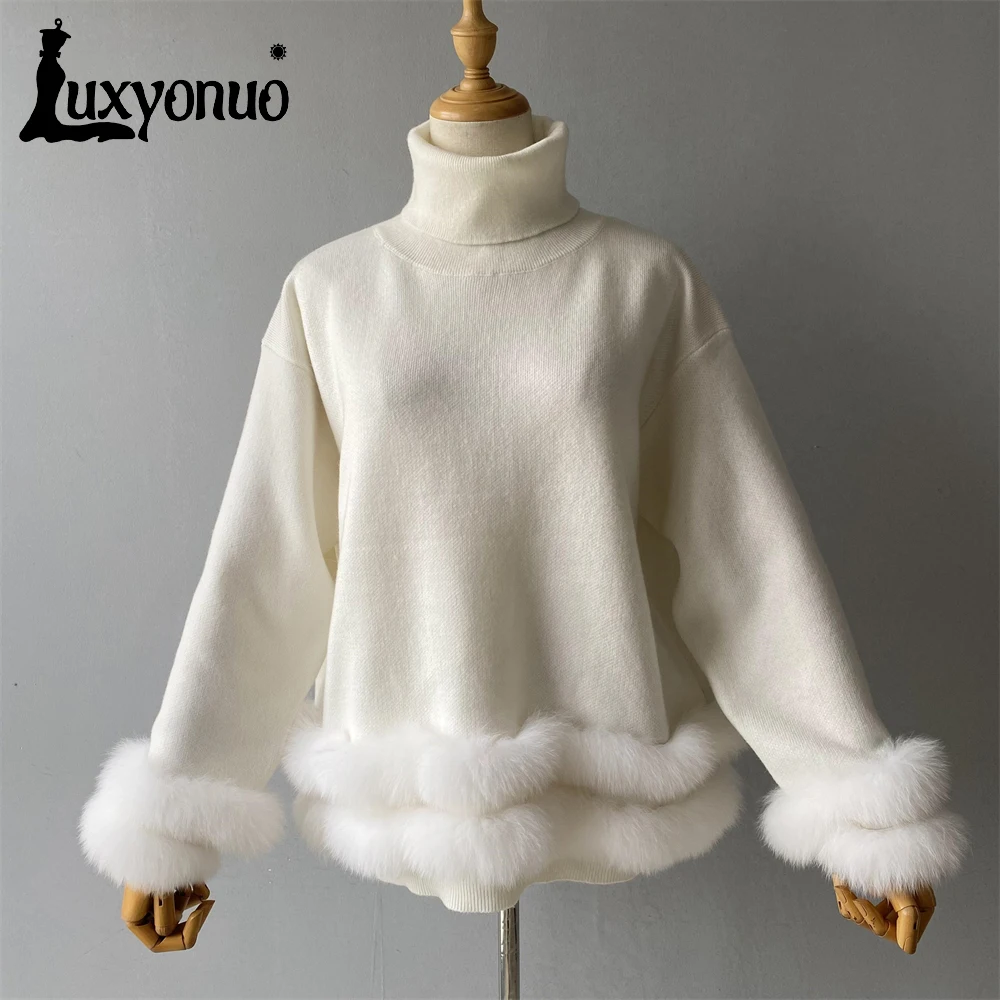 Luxyonuo Wool Blend Kintted Tops Women's Sweater Set with real fur Ladies Spring Fall Warm Turtleneck Pullover Good Elasticity