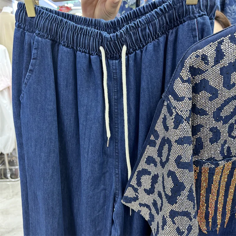 Fashion Spring Summer Women Two-piece Set Hot Diamonds Leopard Short Sleeve Denim Cardigans Top + Elastic Waist Wide Leg Jeans view 3