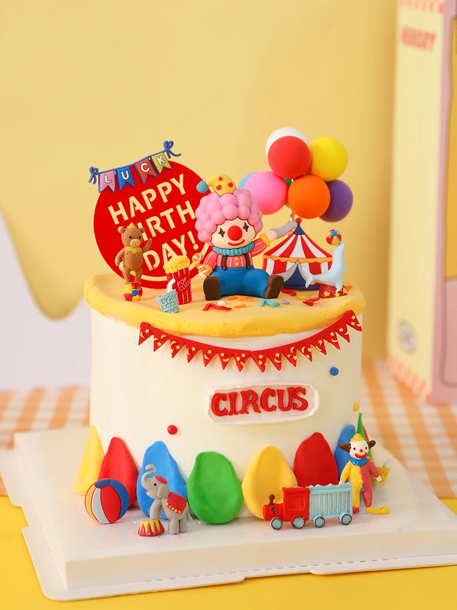 Circus Theme Cake Topper Clown Jester Circus Animal Lion Elephant for Kids 1st Happy Birthday Party Cake Decoration Baby Shower