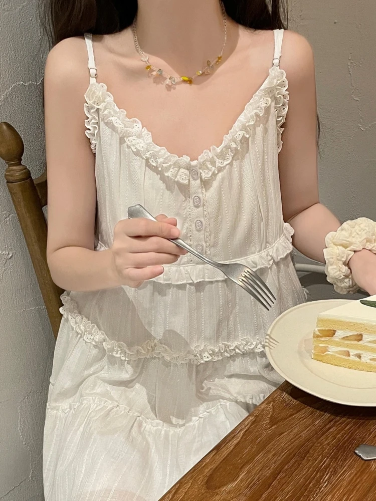 Summer Beach Tie Waist Sweet A-Line Strap Dr Women's Summer Vest Dr White Dr Cotton Gauze High Waist Button Detail