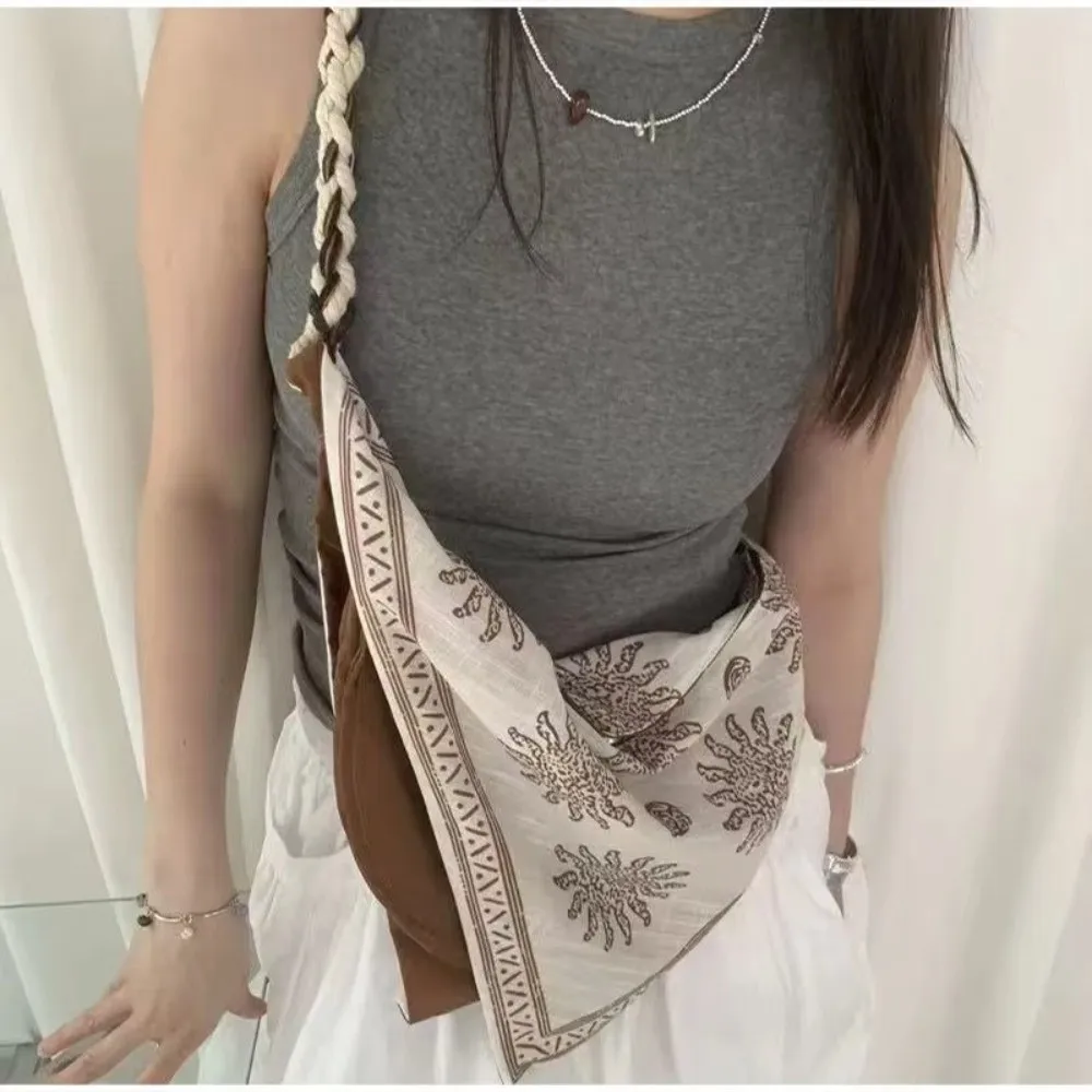 Retro Bohemian Triangle Shoulder Bag Ethnic Style Linen Print Retro Handbag Tassel Detail Rope Women Crossbody Bag daily