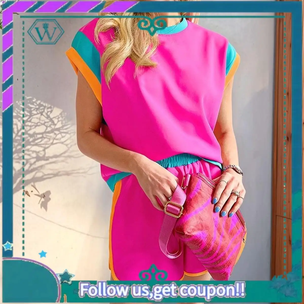 A09P Set da salotto in due pezzi da donna, pullover casual a maniche corte, top, pantaloncini coordinati, set di tute da casa