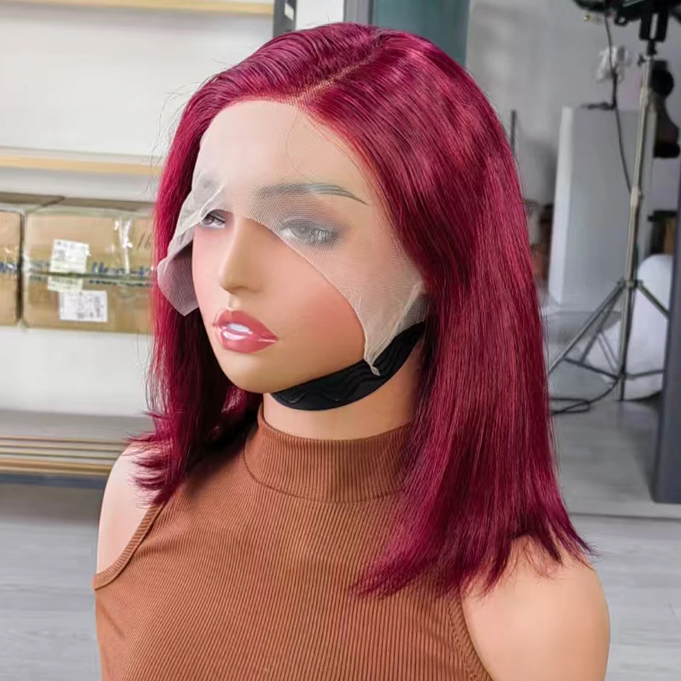 

99J Burgundy Lace Front Wigs Human Hair 13x4x1 L Side Part Short Bob Wig 180% Density Wine Red 8-16Inch