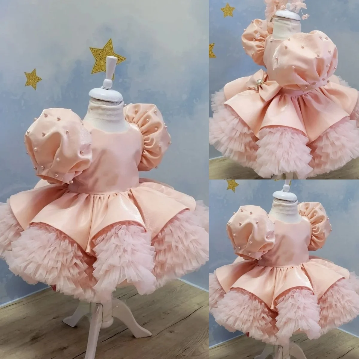 

Customized Pink Flower Girl Dress for Wedding with Bow Pearl Knee Length Lovely Baby Girl Birthday Party First Communion Gowns