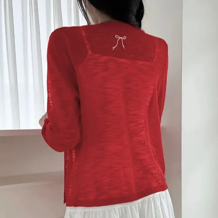 Chic Early Autumn Thin Knitted Sweater Women's Simple Sle Embroidered  Long Sve Sun Protection Open Cardigan ro...