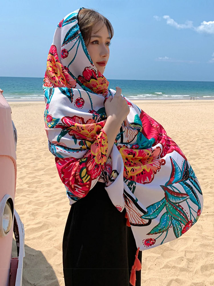 Summer Silk Scarf Women Sarong Beach Wrap Lady Female Bikini Cover Up Sunscreen Bandana Hijab Femme Mujer Scarve Bufanda Stoles