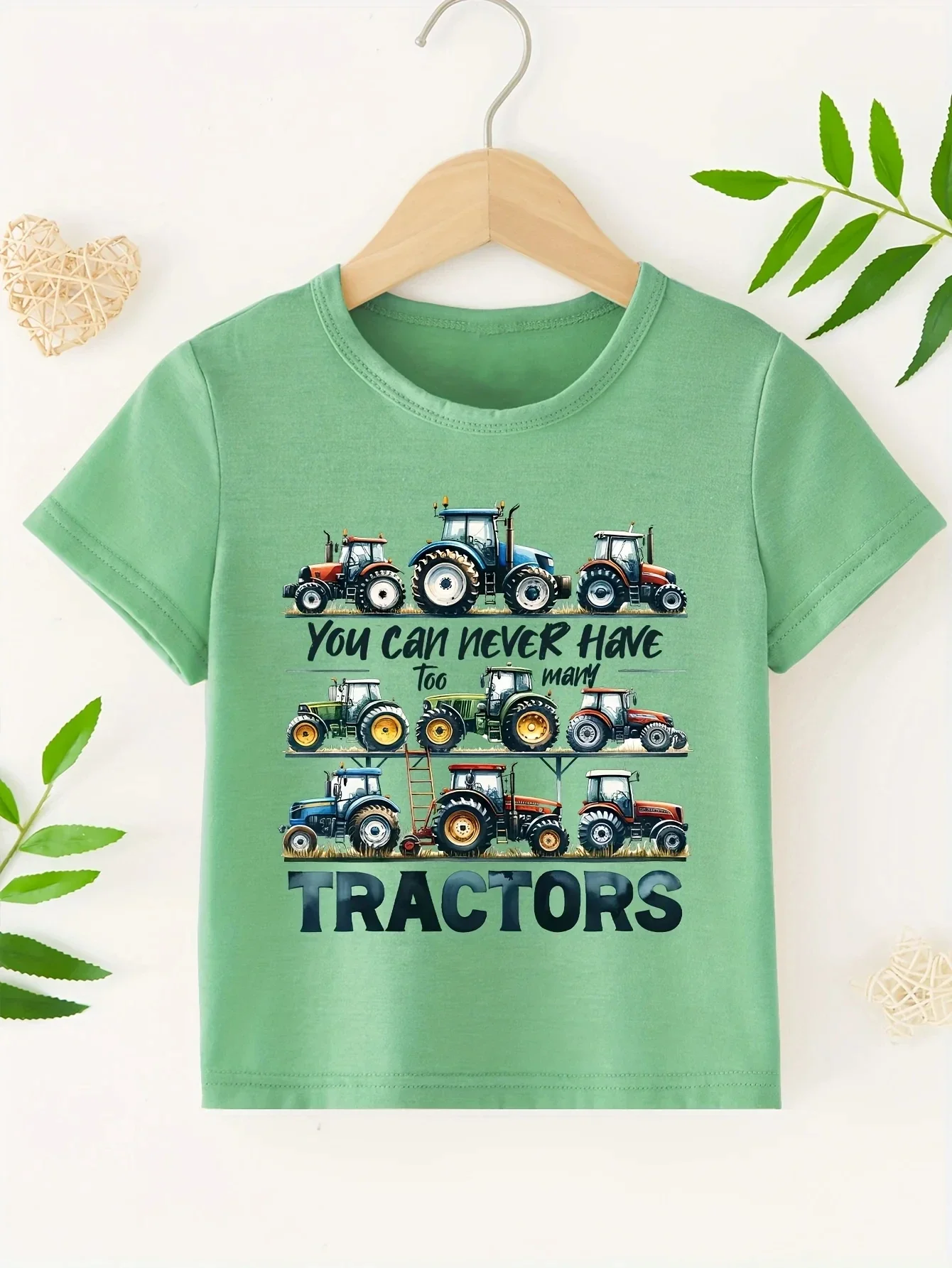 Summer Tractor Print Pattern Boys Girls Short Sleeved Children\'s T-shirt Round Neck Breathable Comfortable Casual T-shirt