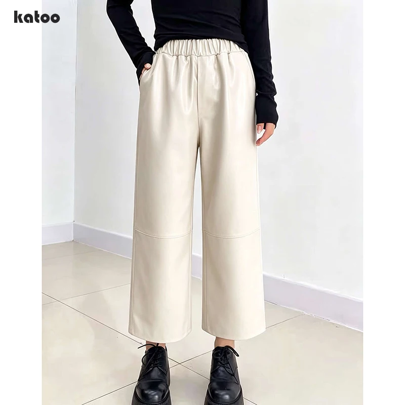Khaki/White Leather Pants Autumn Winter Women Sheepskin High Waist Elastic Loose Slim Straight Leg Trousers Can be Customized