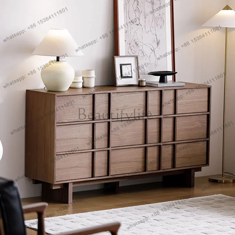 

Living room retro wabi-sandy wind solid wood bucket cabinet 2025 living room bone line advanced storage high cabinet integrated