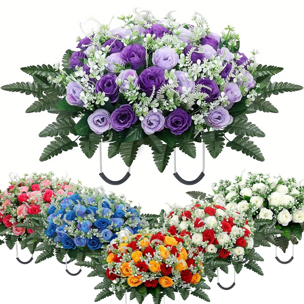 Headstone Flower Saddle, Large Artificial Cemetery Flowers for Grave, Cemetery Memorial Flowers for Outdoor Tombstone Decoration