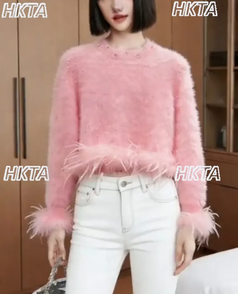 

Sweet 2026 Spring Lolita Knitted Sweater Short Top Female Fluffy Stitching Commuter Temperament Loose Versatile Pullover Women