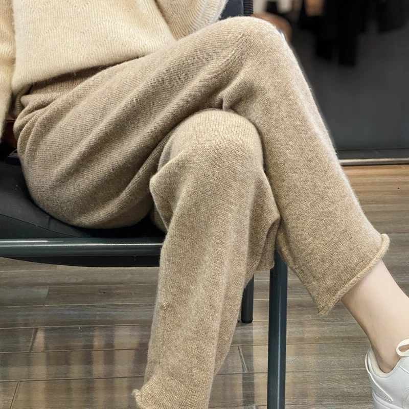 Pantaloni in Cashmere monocromatico da donna, abbigliamento esterno imbottito lavorato a maglia, vestibilità ampia, pantaloni dritti, autunno e
