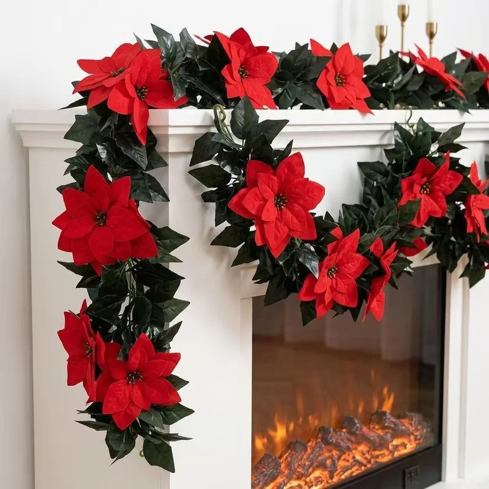 Flexible Artificial Poinsettia Garland 2 Pack 11.5 Ft Total Length for Seasonal Mantel and Banister Decoration