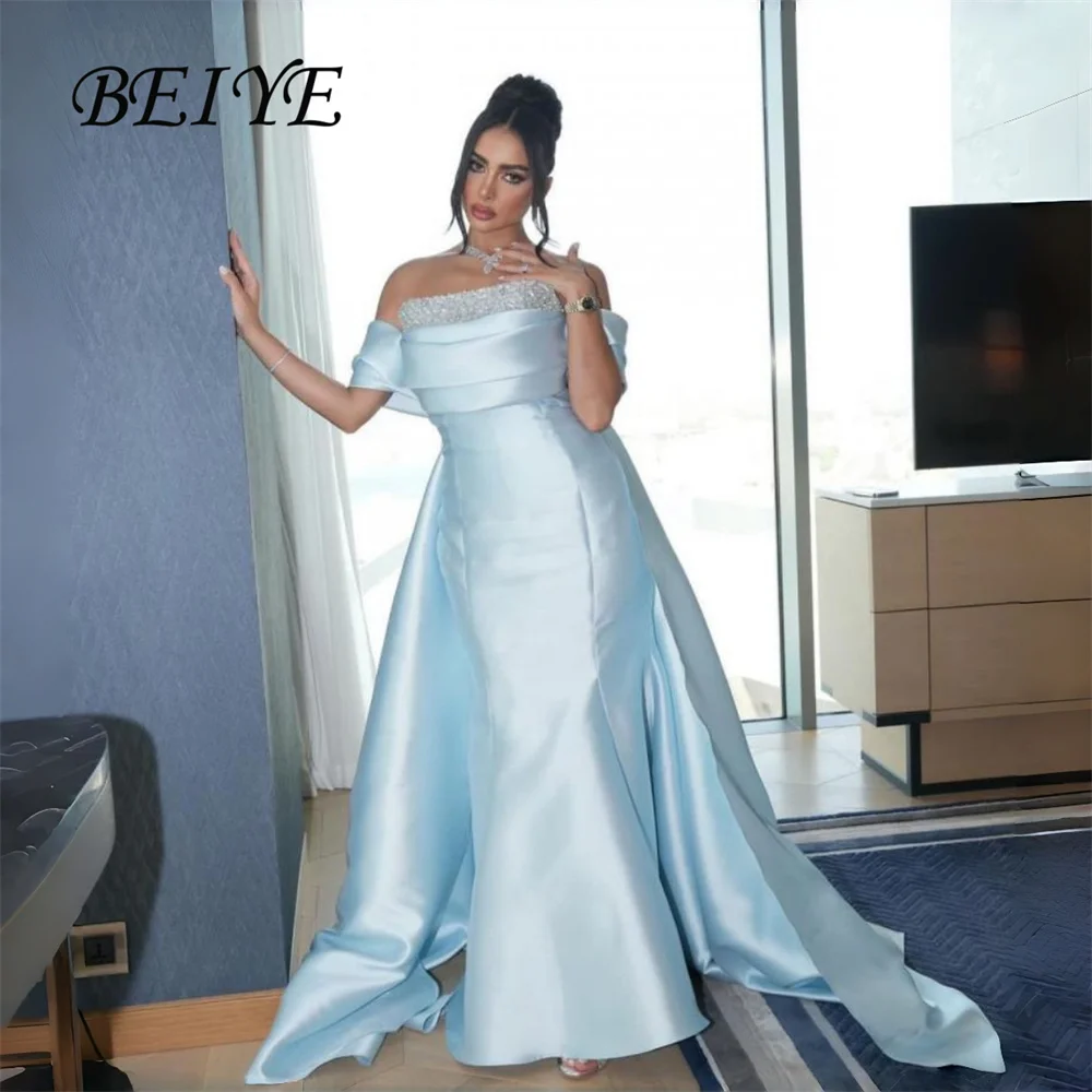 

BEIYE Modern Sky Blue Satin Beading Mermaid Evening Dress With Train Off The Shoulder Pleat Formal Party Gown 2026 Customized