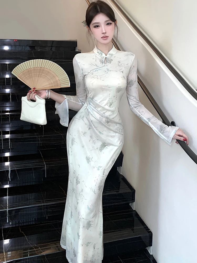 Women Print Mesh Beading Stand Collar Long Dress 2025 Korean Vintage Luxury Evening Dress Autumn Winter Elegant Bodycon Vestidos