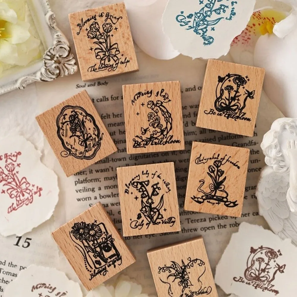 

8pcs Wooden Handle Rubber Stamp Tulip Lily of the Valley Clear Impression DIY Stamps Rose Sunflower Scrapbook Stamp Girls Gifts