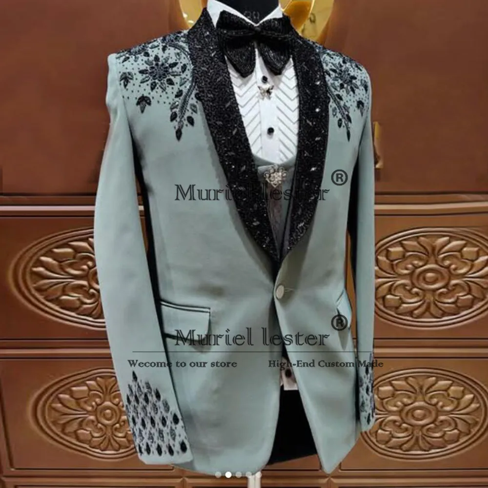

Luxury Crystals Beaded Suits Men For Wedding Black Shawl Laple Prom Blazers Customized 3 Pieces Groom Tuxedos traje de hombre