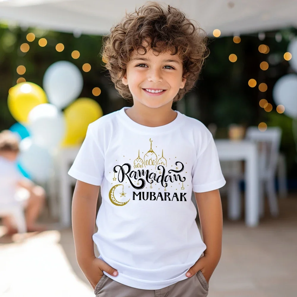 Ramadan Mubarak Print Kids T-shirt Child Ramadan Eid Outfit Girls Boys Tops Short Sleeve T Shirt Islamic Muslim Holiday Clothes