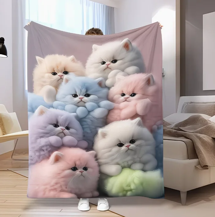 1pc Cute Kitten Flannel Blanket for Lunch Break Office Camping Home Decoration Blanket