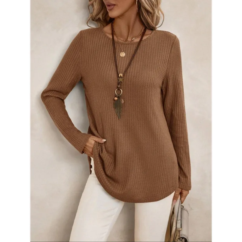 

Плюс размер 1XL-5XL, женская осенняя модная футболка с изогнутым подолом, женская повседневная футболка с длинным рукавом и вафельным узором