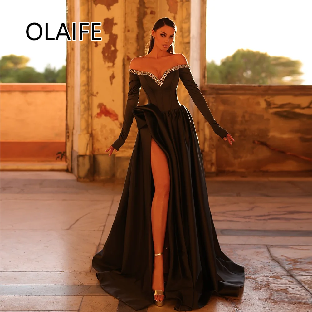 Luxury V-neck Satin Ruched Bridesmaid Evening Party Dress Side Split Court Long Sleeve Prom Dress Beaded Crystal Customzied