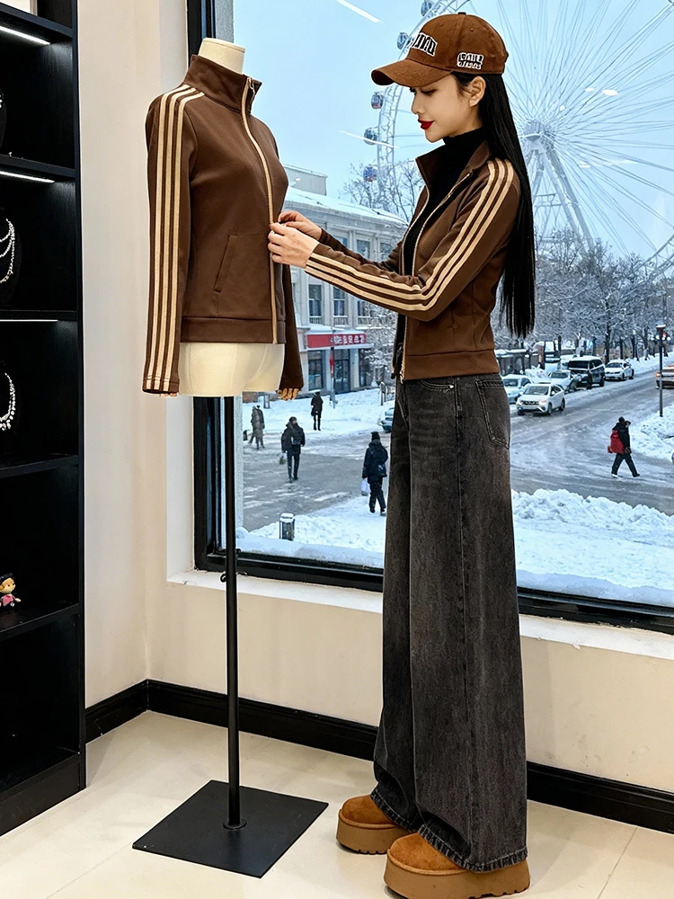 معطف نسائي من Thiened Fce بياقة واقفة من القطن كاجوال بقصة ضيقة للشتاء الدافئ وسحاب للإغلاق ملابس خارجية بلون Blo