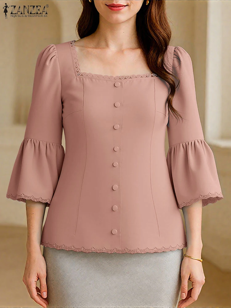 

ZANZEA Elegant Lace Trim Blouses Women Fashion Square Neck 3/4 Flared Sleeve Blusas Mujer 2025 Summer Tied-Back Chemise Femme